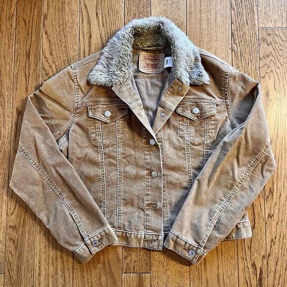 Levi’s Tan Corduroy Women's Faux Fur Collar Jacket Coat Large Long Sleeve - Picture 1 of 6